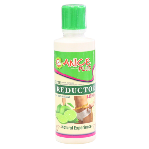 Botella de Canice Plus Elite Reductor con aroma a limón, diseñada para ayudar en procesos de reducción de medidas. Este producto es 100% vegetal y se presenta en un envase de fácil uso. Ideal para quienes buscan una experiencia natural en el cuidado corporal.