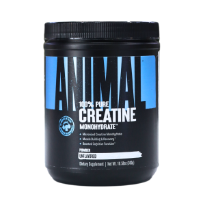 100% PURE CREATINE MONOHYDRATE 300GR – ANIMAL 8 Envase de creatina monohidratada 100% pura de la marca Animal, diseñado para mejorar el rendimiento físico, aumentar la masa muscular y favorecer la recuperación. Producto sin sabor en un frasco negro y azul.