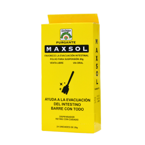 PURGANTE MAXSOL 24 UNIDADES – NATURISOL 14 Purgante Maxsol en polvo para suspensión oral, presentado en un envase amarillo. Este producto está diseñado para favorecer la evacuación intestinal y ayudar en la limpieza del intestino. Contiene 24 unidades de 20 g cada una, ideal para quienes buscan un alivio efectivo y rápido. Su uso es sencillo y está disponible sin receta médica.