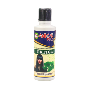 Botella de 120 ml de shampoo Canice Plus con extracto de ortiga, diseñado para el cuidado del cabello. El producto promete fortalecer el cabello y promover su crecimiento natural. Presenta un etiquetado atractivo con imagen de mujer y la frase 