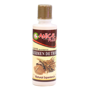 Botella de aceite de germen de trigo de la marca Canice Plus, ideal para el cuidado de la piel y el cabello. Este producto natural es rico en antioxidantes y nutrientes esenciales, promoviendo la hidratación y regeneración celular. Perfecto para quienes buscan una opción saludable y efectiva en su rutina de belleza.