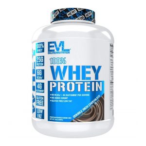 100% WHEY PROTEIN 5LB CHOCOLATE – EVL NUTRITION 14 Envase de proteína en polvo Evlution Nutrition 100% Whey Protein. Contiene 25 gramos de proteína por porción, 6 gramos de BCAA y 4 gramos de glutamina. Es libre de gluten y bajo en grasas, ideal para quienes buscan aumentar masa muscular y mejorar la recuperación. Este producto es perfecto para deportistas y entusiastas del fitness.