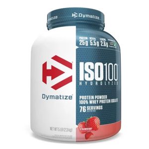 Suplemento de proteína ISO100 de Dymatize, en formato de polvo, con 100% de aislado de proteína de suero. Cada porción contiene 25 g de proteína, 5,5 g de BCAA y 2,5 g de leucina. Viene en un envase de 1,6 kg con 76 porciones. Ideal para la recuperación muscular y el aumento de masa magra. Sabor fresa.