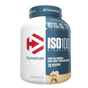 ISO 100 HYDROLYZED VAINILLA 5LB – DYMATIZE 8 Envase de proteína en polvo Dymatize ISO100 Hydrolyzed, con 25 g de proteína, 5.5 g de BCAAs y 2.6 g de azúcar por porción. Ideal para quienes buscan un suplemento de proteína de suero de leche de alta calidad, con 76 porciones por envase. Perfecto para aumentar masa muscular y recuperación post-entrenamiento.