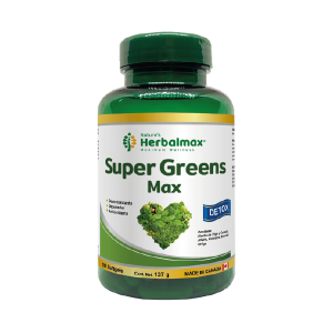SUPER GREENS MAX X 100 SOFTGELS – HERBAL MAX 6 Frasco de suplemento Herbalmax Super Greens Max, que contiene 127 gramos y está diseñado para desintoxicar y aportar nutrientes esenciales. Ideal para quienes buscan mejorar su salud y bienestar a través de una dieta rica en vegetales. Producto fabricado en Canadá, recomendado para complementar una alimentación equilibrada.
