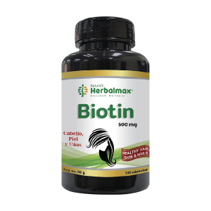 Suplemento de Biotina de Nature's Herbalmax, 500 mg, diseñado para mejorar la salud del cabello, piel y uñas. Envase de 60 g que contiene 130 tabletas. Ideal para quienes buscan fortalecer su belleza natural desde adentro.