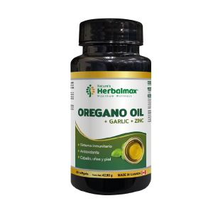 Frasco de aceite de orégano de Herbalmax, que combina orégano, ajo y zinc en una fórmula natural. Este suplemento está diseñado para fortalecer el sistema inmunitario, actuar como antioxidante y mejorar la salud de la piel, cabello y uñas. Presentado en un envase de 42.90 g, es ideal para quienes buscan un apoyo adicional en su bienestar general.
