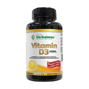 VITAMINA D3 4000 IU X100 SOFTGELS 22 Botella de suplemento de vitamina D3 4000 IU de Herbalmax, con 100 cápsulas blandas. Apoya el sistema inmunológico y la salud ósea. Fabricado en Canadá.