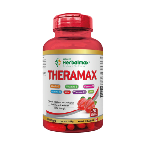 THERAMAX 100 SOFTGELS – HERBAL MAX 8 Suplemento alimenticio Theramax de Herbalmax, diseñado para fortalecer el sistema inmunológico. Contiene vitaminas A, C, D, E, B6, B12, zinc y otros nutrientes esenciales. Presentado en un frasco de 30 tabletas, ideal para apoyar la salud general y el bienestar.