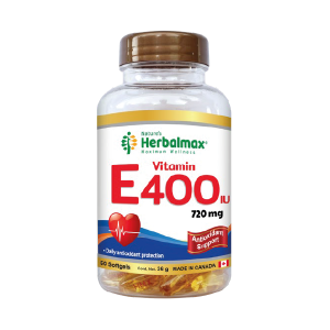VITAMIN 400 IU X 50 SOFTGELS – HERBAL MAX 32 Botella de vitamina E 400 IU de Herbalmax, 720 mg, con 60 cápsulas blandas, diseñada para el apoyo antioxidante y la salud cardiovascular.