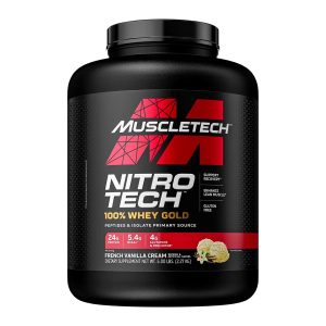 NITRO TECH WHEY GOLD 5LB VAINILLA – MUSCLE TECH 4 Suplemento de proteína Muscletech NitroTech 100% Whey Gold en sabor crema de vainilla francesa. Cada porción contiene 24 gramos de proteína, 5.4 gramos de BCAA y 4 gramos de glutamina. Ideal para deportistas y personas activas que buscan aumentar su ingesta de proteínas de alta calidad. Envase de 2.27 kg, libre de gluten y formulado para facilitar la digestión. Perfecto para mezclar en batidos