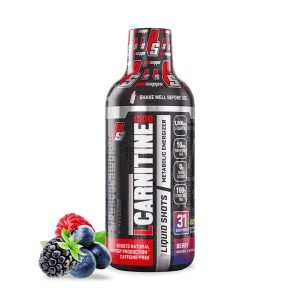 Suplemento de carnitina líquida de 1500 mg en envase de 31 porciones. Ayuda en la producción de energía y mejora el rendimiento físico. Contiene ingredientes naturales y está diseñado para quienes buscan potenciar su entrenamiento y optimizar la quema de grasa. Incluye frutas como frambuesas y moras en la imagen, resaltando su sabor. Ideal para deportistas y personas activas.