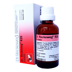 R25 PROSTATAN – DR. RECKEWEG 28 Frasco de solución homeopática Dr. Reckeweg R25, utilizado para tratar irritaciones. Contiene ingredientes naturales como Cantharis, Ferrum phosphoricum y otros. Presentado en un envase de vidrio de 30 ml, acompañado de su caja original. Ideal para quienes buscan tratamientos alternativos y efectivos.