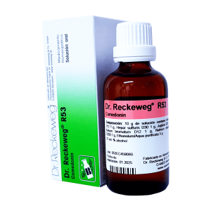 R53 COMEDONIN – DR. RECKEWEG 14 Frasco de solución oral Dr. Reckeweg R53, conocido como Comedonin, que se utiliza en la homeopatía para tratar problemas relacionados con la piel y el acné. El envase incluye instrucciones sobre su uso y composición, destacando su formulación a base de ingredientes naturales. Ideal para quienes buscan alternativas homeopáticas para el cuidado de la piel.