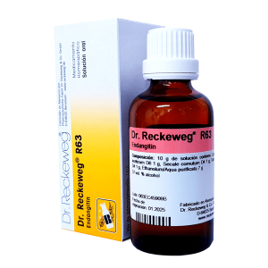 Frasco de solución oral Dr. Reckeweg R63, un medicamento homeopático indicado para el tratamiento de la angina. Contiene 10 ml de solución con ingredientes activos en una base de etanol y agua purificada. Presentado en un envase con caja, ideal para mejorar la salud bucal y aliviar síntomas relacionados con la inflamación de la garganta.