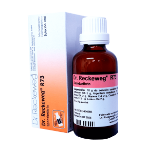 R73 SPONDARTHRIN – DR. RECKEWEG 4 Frasco de solución homeopática Dr. Reckeweg R73 Spondarthrin, utilizado para el tratamiento de afecciones articulares. El envase incluye 50 ml de solución y se presenta acompañado de su caja. Este producto es conocido por su eficacia en aliviar dolores articulares y mejorar la movilidad. Ideal para quienes buscan opciones de tratamiento alternativo en salud.