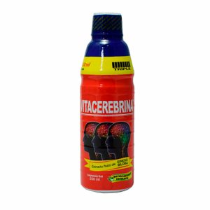 VITACEREBRINA + GINKGO BILOBA 550 ML – ESCULAPIO 10 Botella de Vitacerebrina de 516 ml, un suplemento alimenticio en formato líquido, diseñado para mejorar la salud cerebral y la concentración. Envase de color rojo con tapa azul, presenta imágenes de cabezas en perfil.