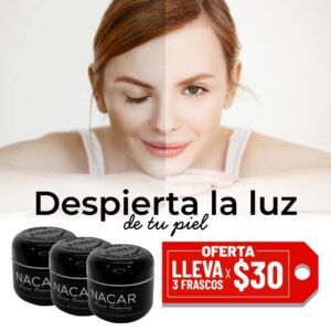 Concha de Nacar NutriGR 60 gr 4 Mujer sonriente con piel radiante, mostrando la mitad de su rostro iluminado y la otra en sombras. En la parte inferior, tres frascos de crema Nacar y un letrero que destaca una oferta de tres frascos por $30. Ideal para resaltar el cuidado de la piel.